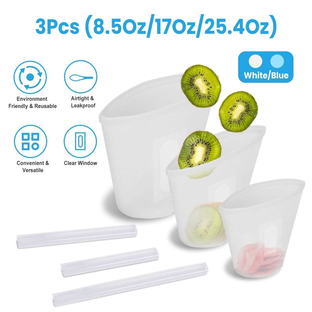 3 pièces : Sacs de conservation alimentaires en silicone réutilisables et étanches avec 3 fermetures