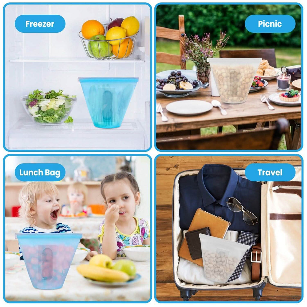 3 pièces : Sacs de conservation alimentaires en silicone réutilisables et étanches avec 3 fermetures
