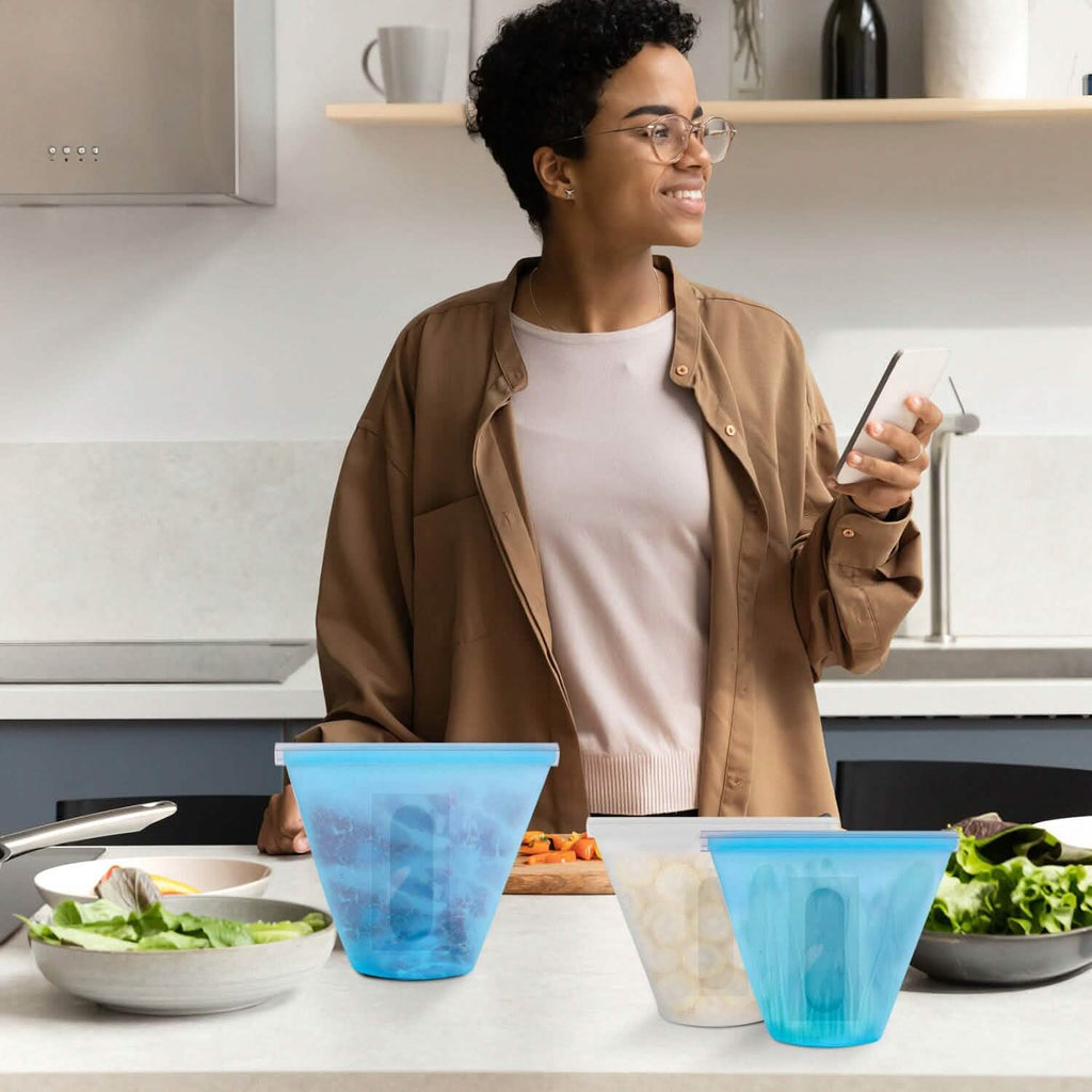 3 pièces : Sacs de conservation alimentaires en silicone réutilisables et étanches avec 3 fermetures