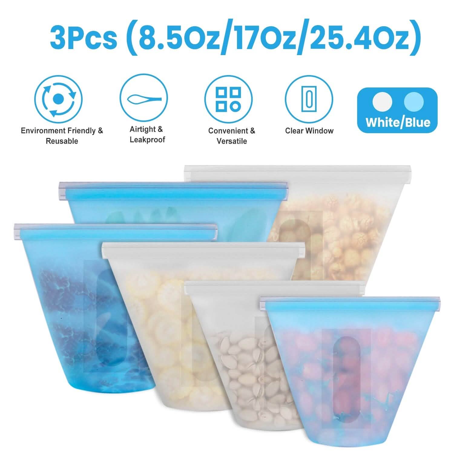 3 pièces : Sacs de conservation alimentaires en silicone réutilisables et étanches avec 3 fermetures