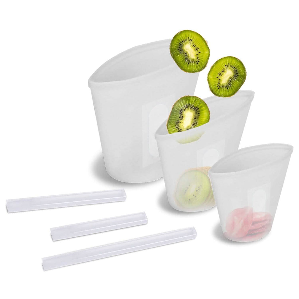 3 pièces : Sacs de conservation alimentaires en silicone réutilisables et étanches avec 3 fermetures