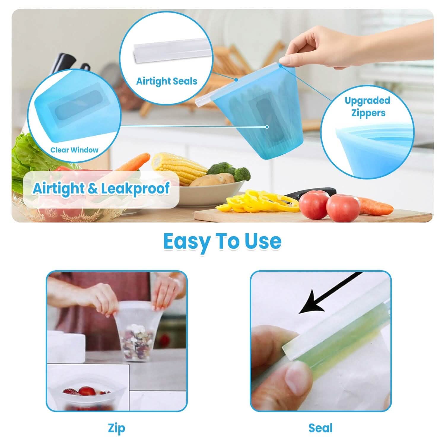 3 pièces : Sacs de conservation alimentaires en silicone réutilisables et étanches avec 3 fermetures