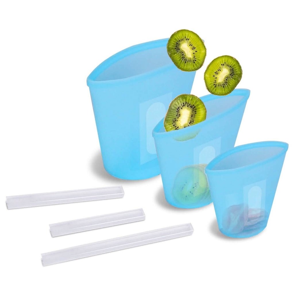 3 pièces : Sacs de conservation alimentaires en silicone réutilisables et étanches avec 3 fermetures