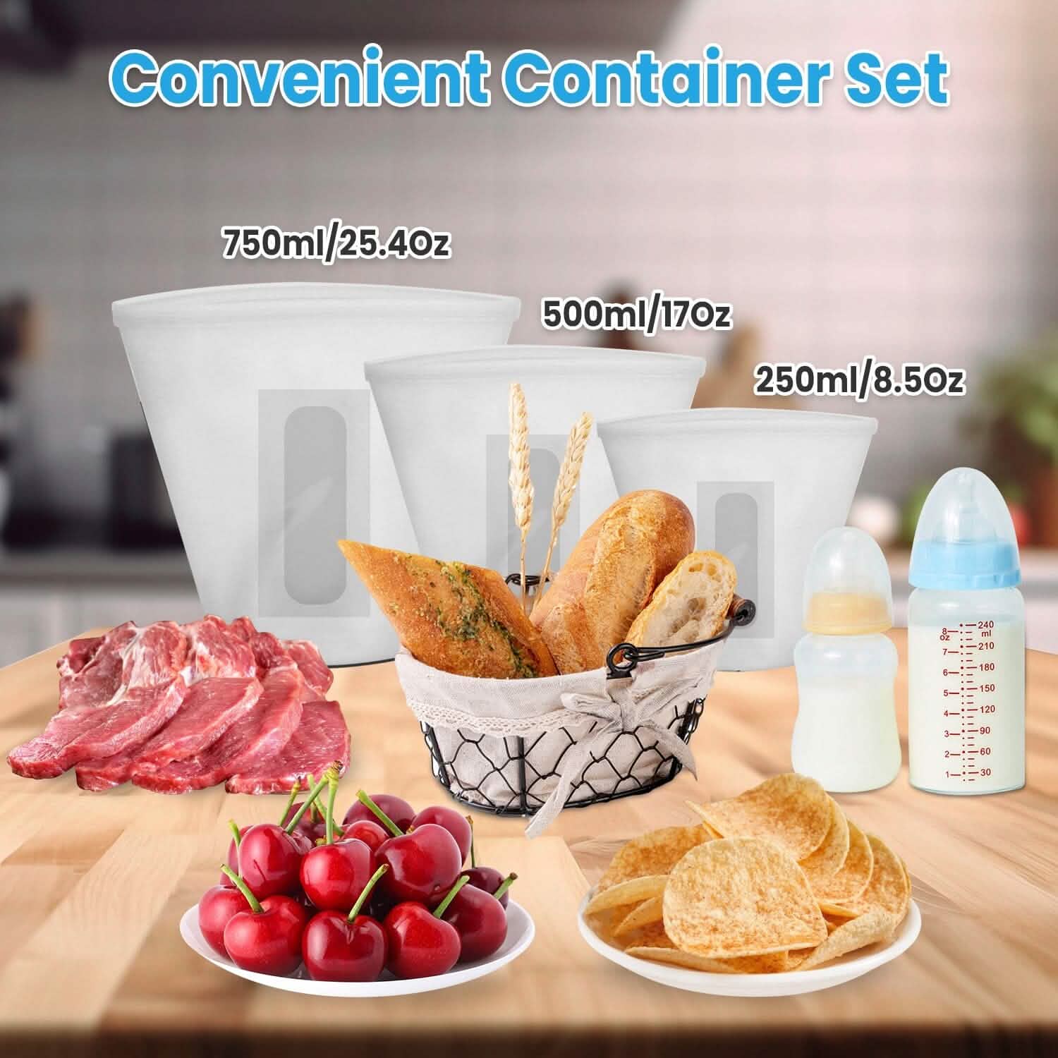 3 pièces : Sacs de conservation alimentaires en silicone réutilisables et étanches avec 3 fermetures