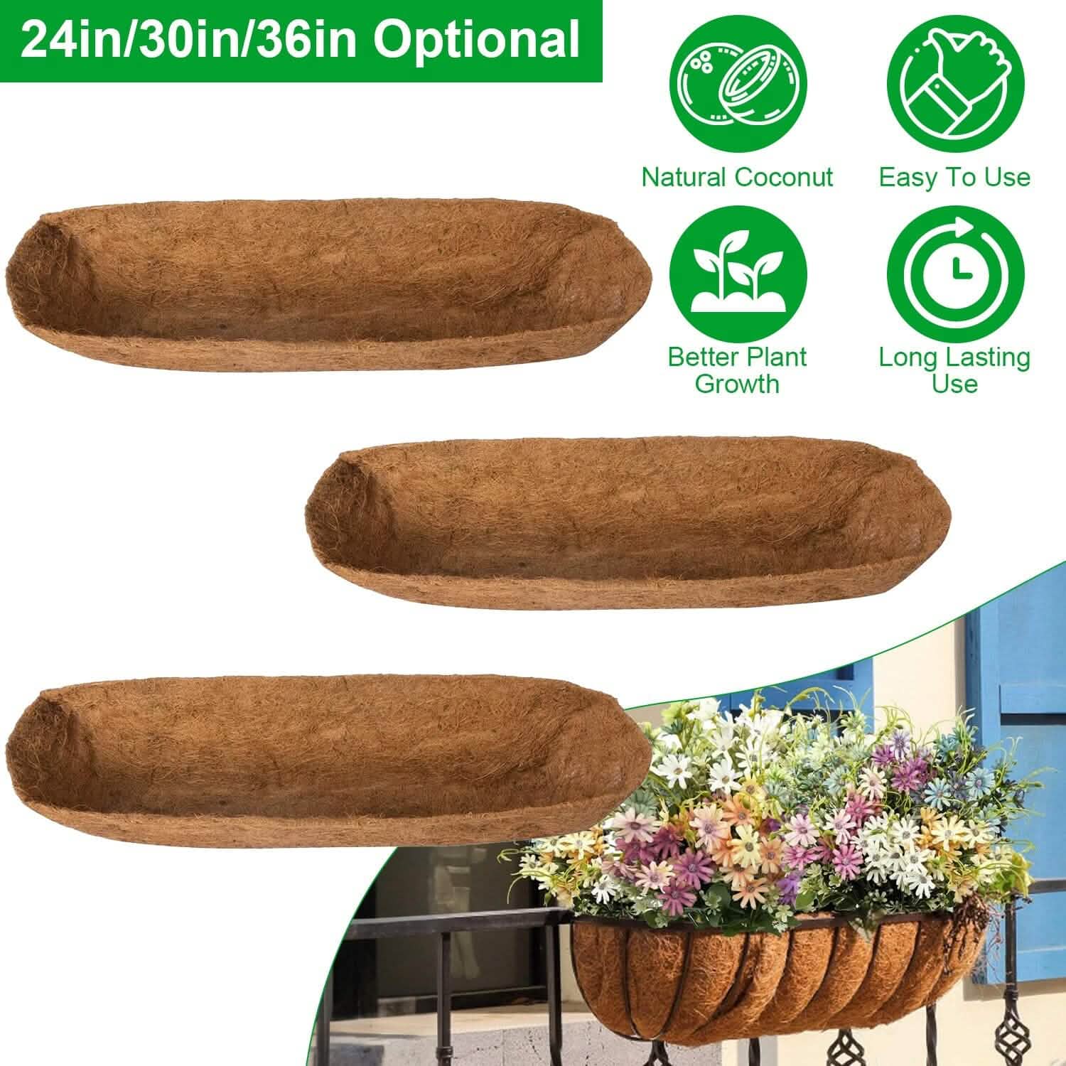 3 pièces : Jardinière demi-lune de remplacement en fibre de coco pour bac à fleurs