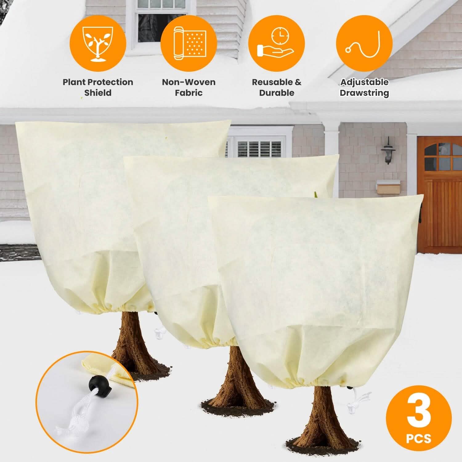 3 pièces : Housses de protection hivernale pour plantes avec cordon de serrage