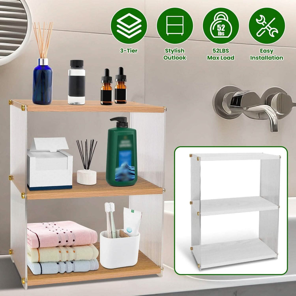Organisateur de comptoir à 3 niveaux : Meuble de rangement en acrylique et bois pour salle de bain