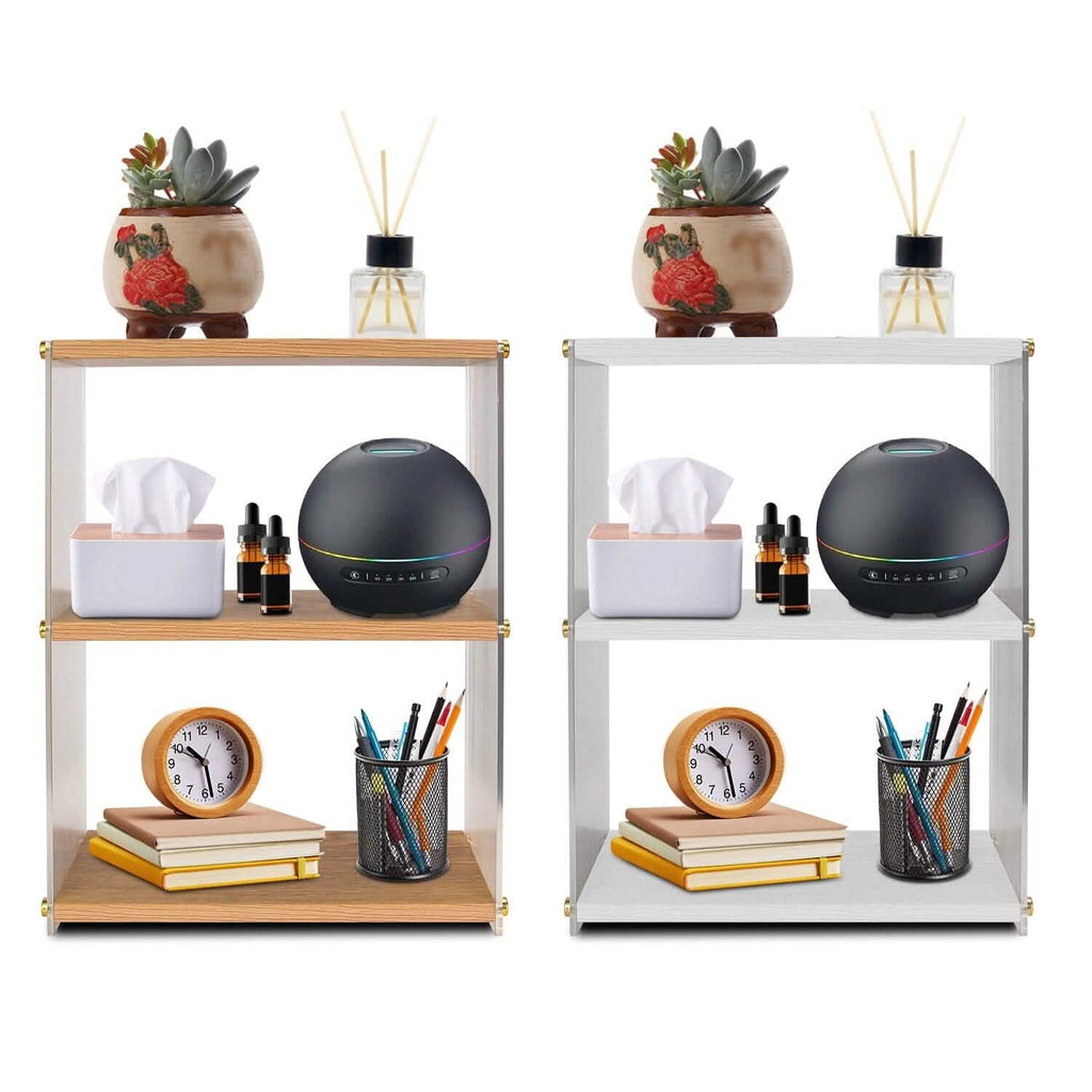 Organisateur de comptoir à 3 niveaux : Meuble de rangement en acrylique et bois pour salle de bain