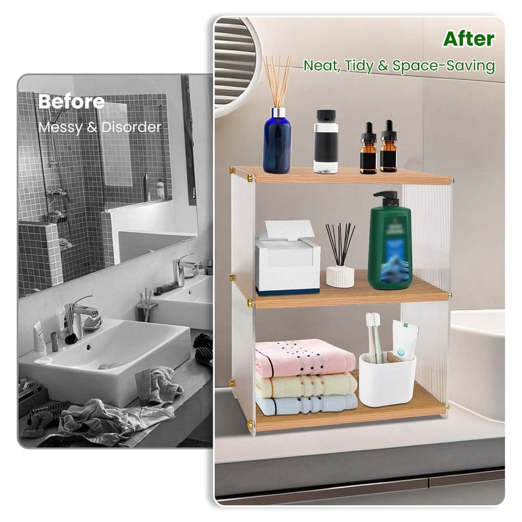 Organisateur de comptoir à 3 niveaux : Meuble de rangement en acrylique et bois pour salle de bain