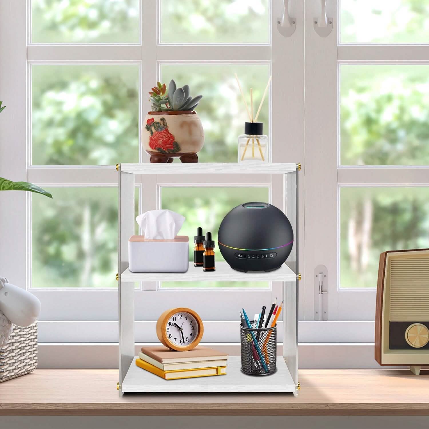 Organisateur de comptoir à 3 niveaux : Meuble de rangement en acrylique et bois pour salle de bain