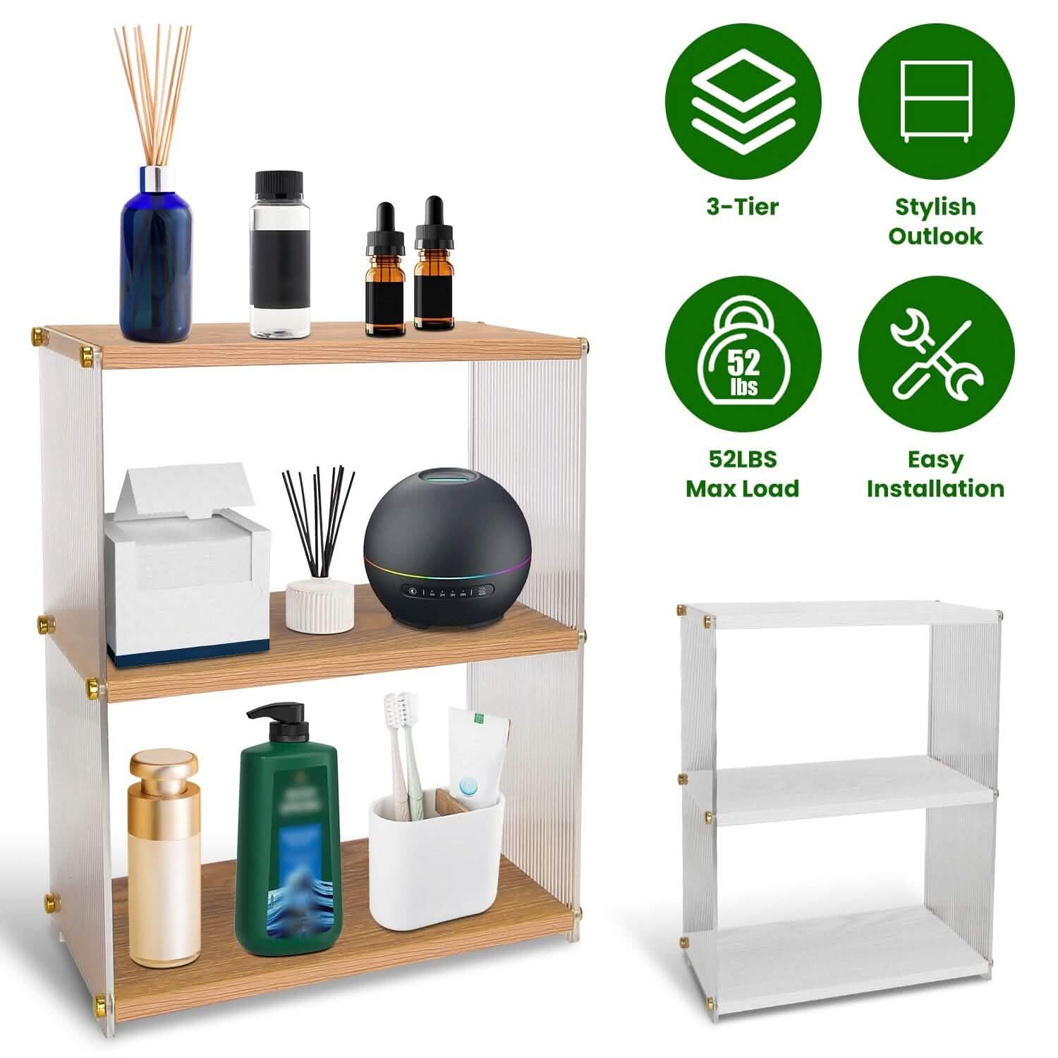 Organisateur de comptoir à 3 niveaux : Meuble de rangement en acrylique et bois pour salle de bain