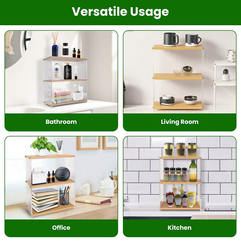 Organisateur de comptoir à 3 niveaux : Meuble de rangement en acrylique et bois pour salle de bain