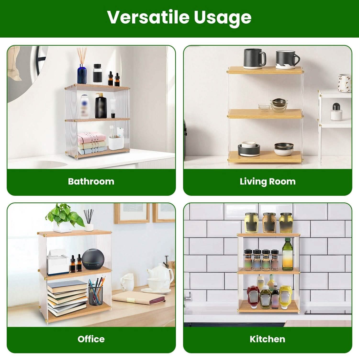 Organisateur de comptoir à 3 niveaux : Meuble de rangement en acrylique et bois pour salle de bain