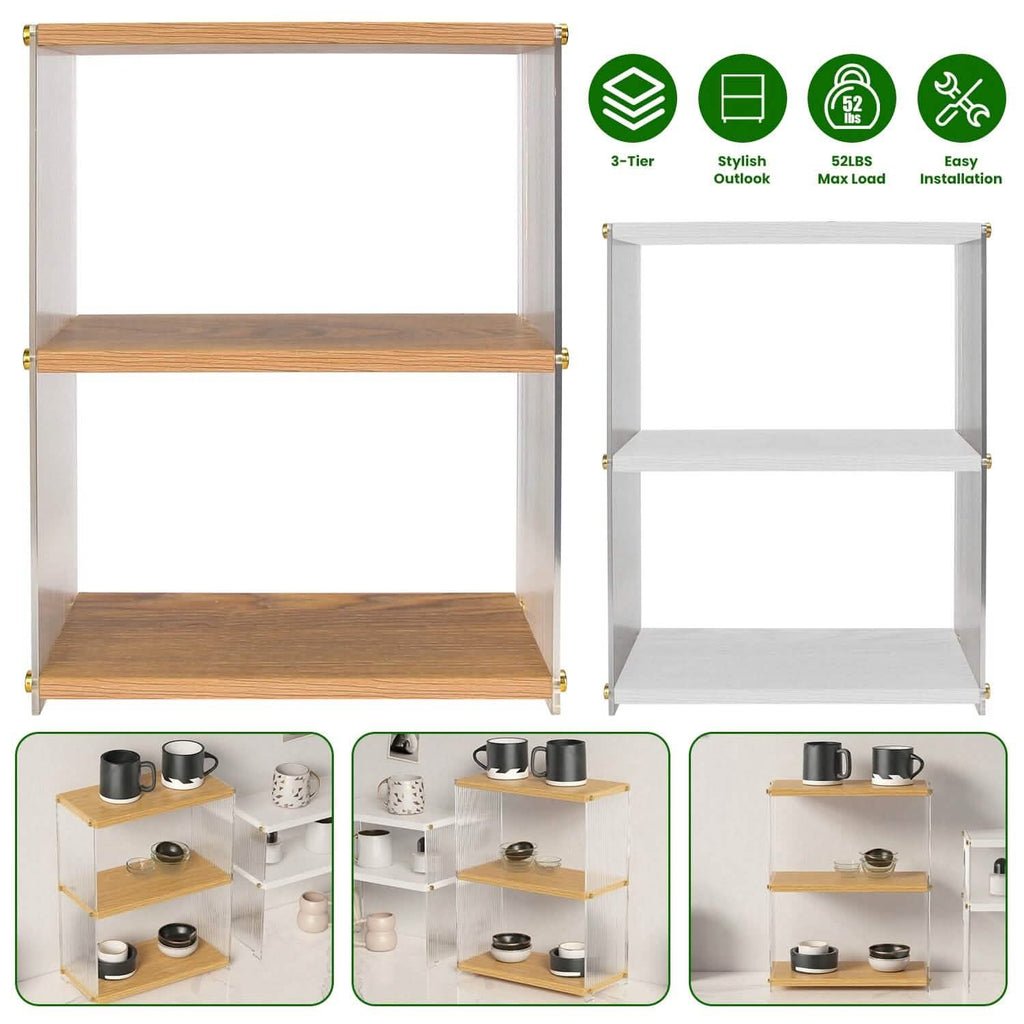 Organisateur de comptoir à 3 niveaux : Meuble de rangement en acrylique et bois pour salle de bain