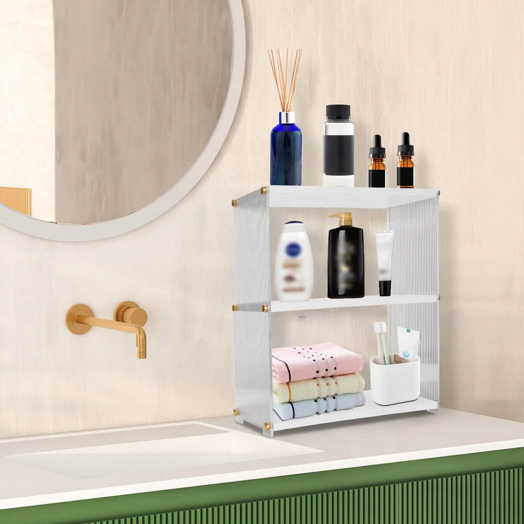Organisateur de comptoir à 3 niveaux : Meuble de rangement en acrylique et bois pour salle de bain