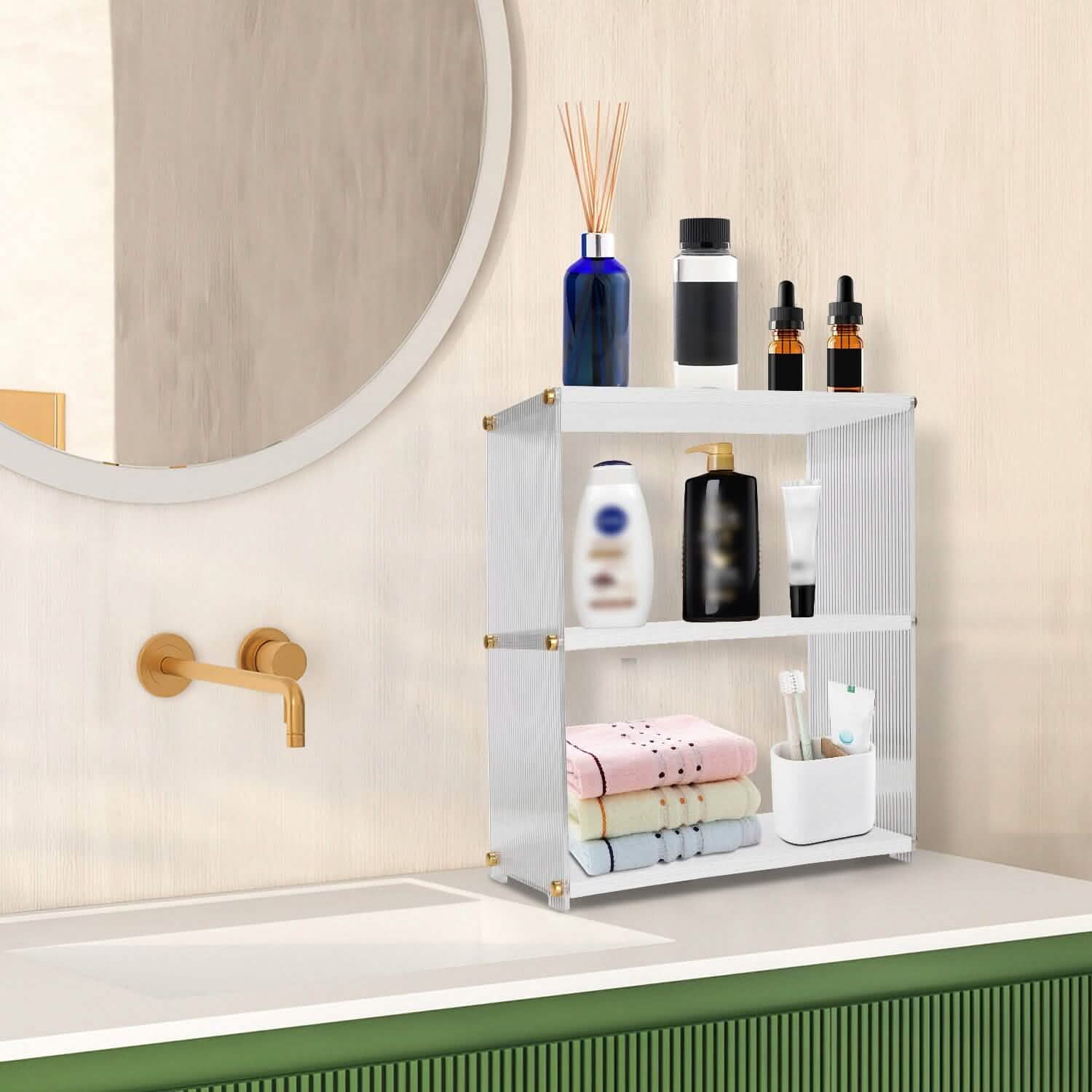 Organisateur de comptoir à 3 niveaux : Meuble de rangement en acrylique et bois pour salle de bain