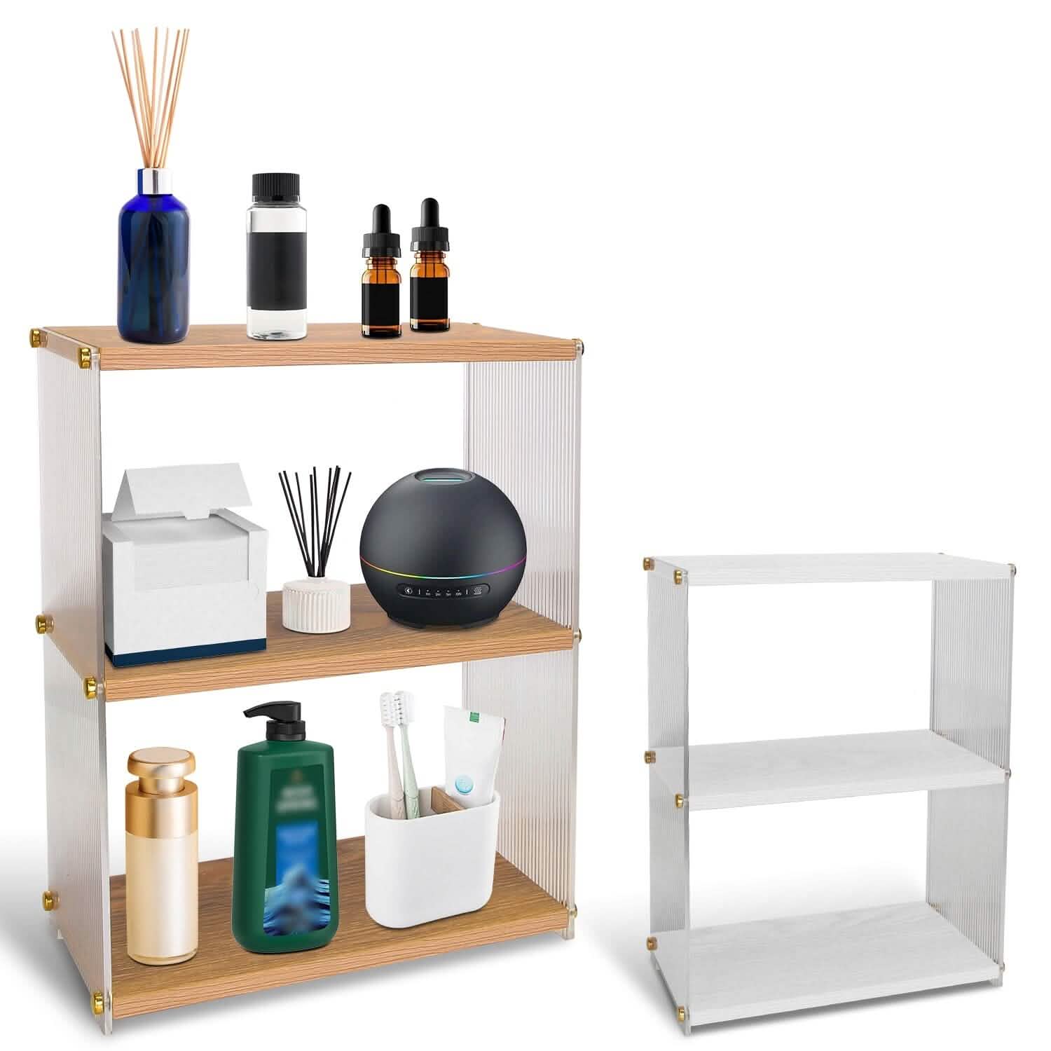 Organisateur de comptoir à 3 niveaux : Meuble de rangement en acrylique et bois pour salle de bain