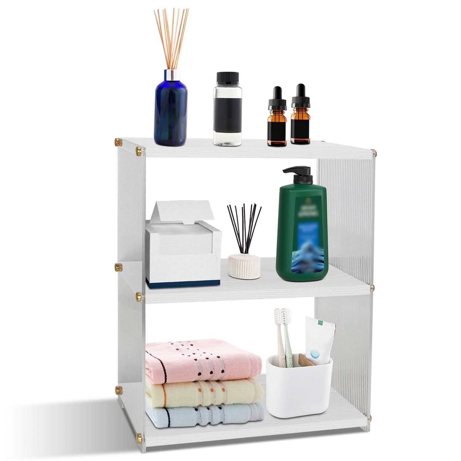 Organisateur de comptoir à 3 niveaux : Meuble de rangement en acrylique et bois pour salle de bain