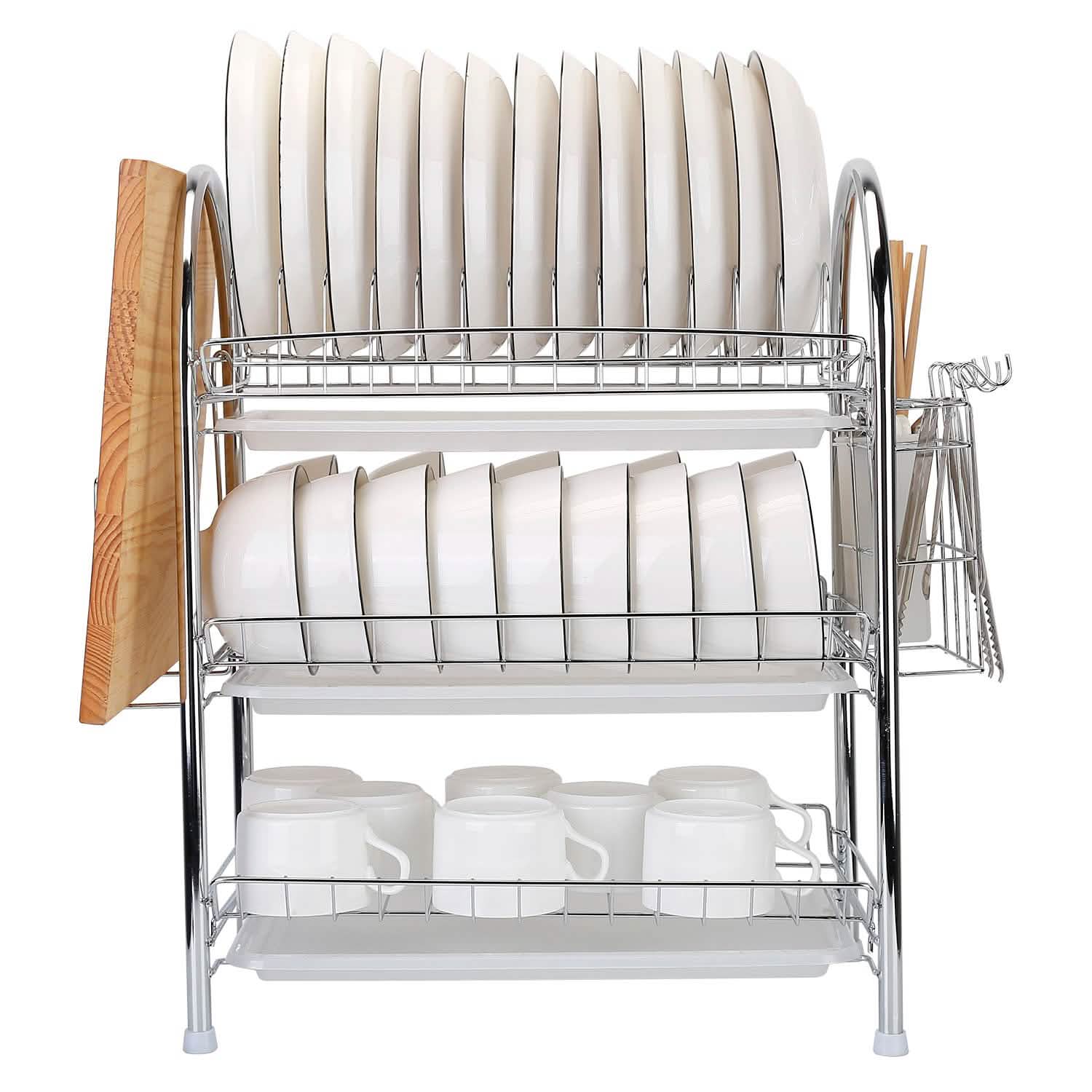 Égouttoir à vaisselle à 3 niveaux avec 3 bacs de récupération pour planche à découper