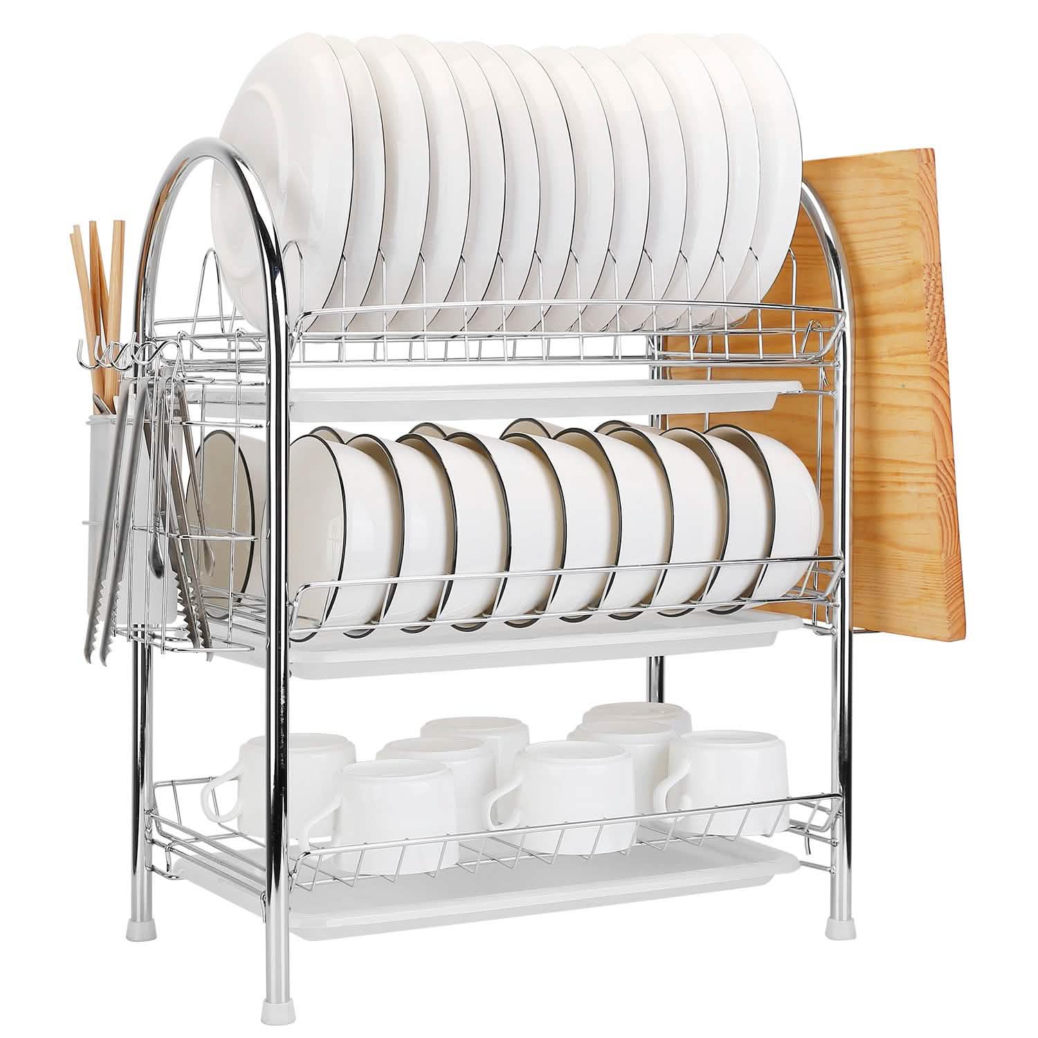 Égouttoir à vaisselle à 3 niveaux avec 3 bacs de récupération pour planche à découper