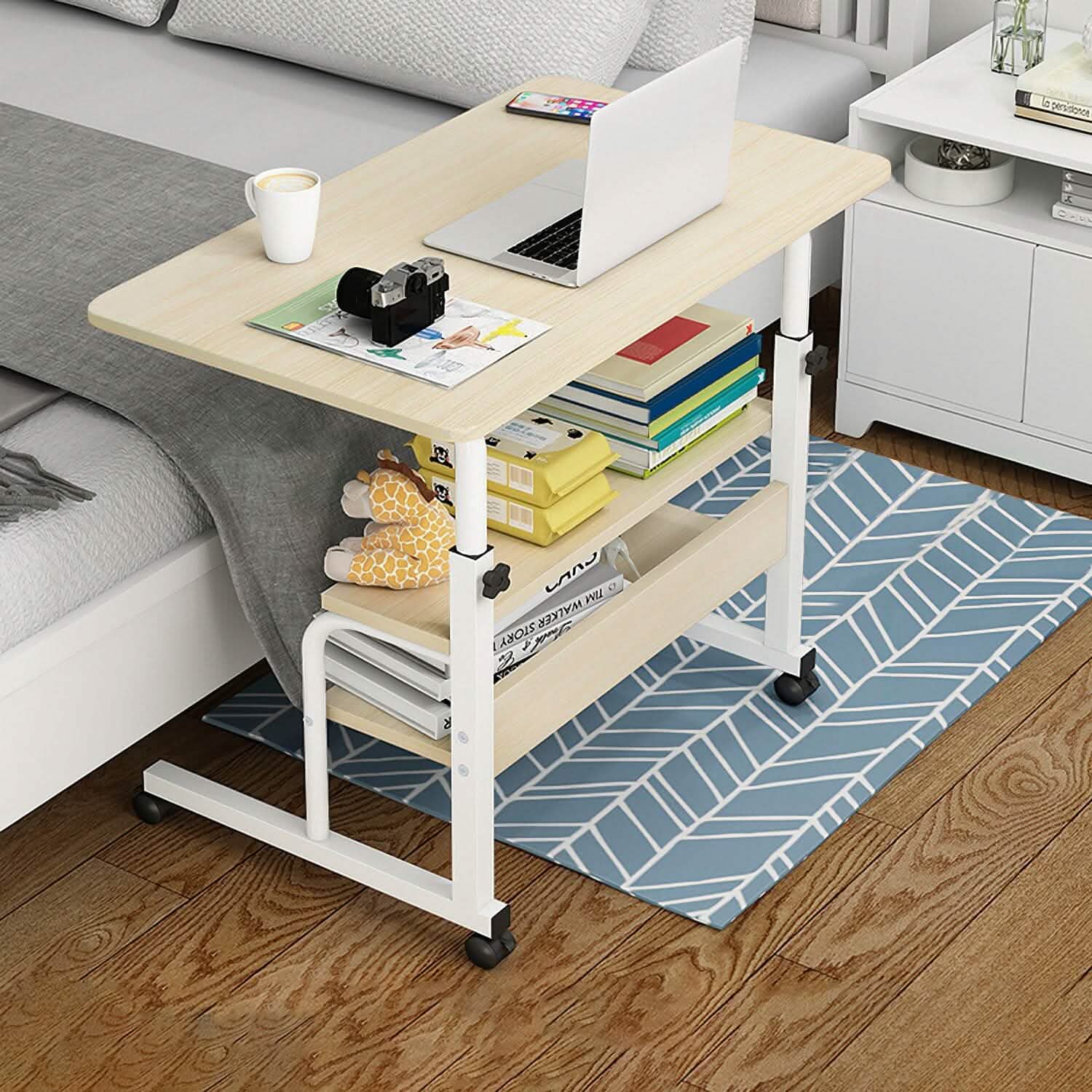 Bureau d'ordinateur portable à 3 niveaux réglable en hauteur avec roulettes