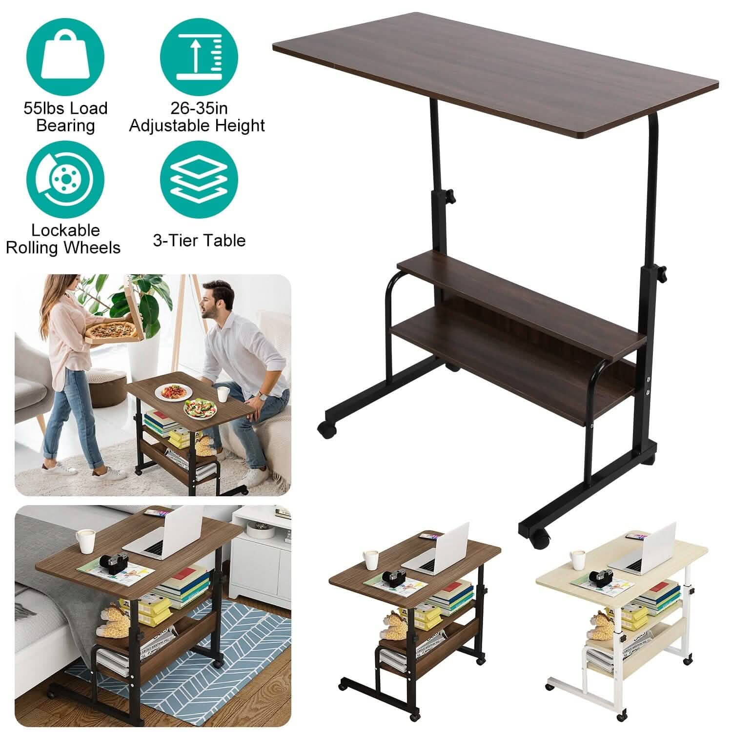 Bureau d'ordinateur portable à 3 niveaux réglable en hauteur avec roulettes