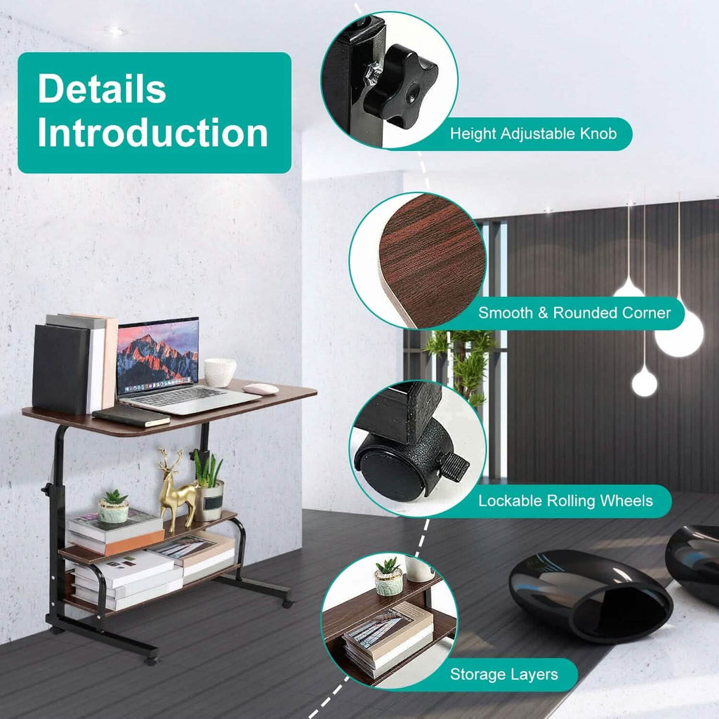 Bureau d'ordinateur portable à 3 niveaux réglable en hauteur avec roulettes