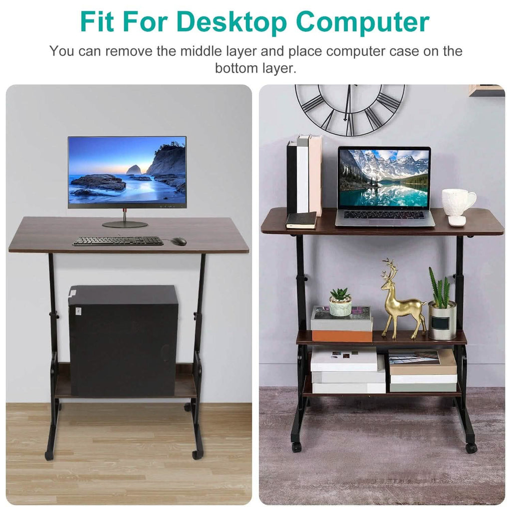 Bureau d'ordinateur portable à 3 niveaux réglable en hauteur avec roulettes