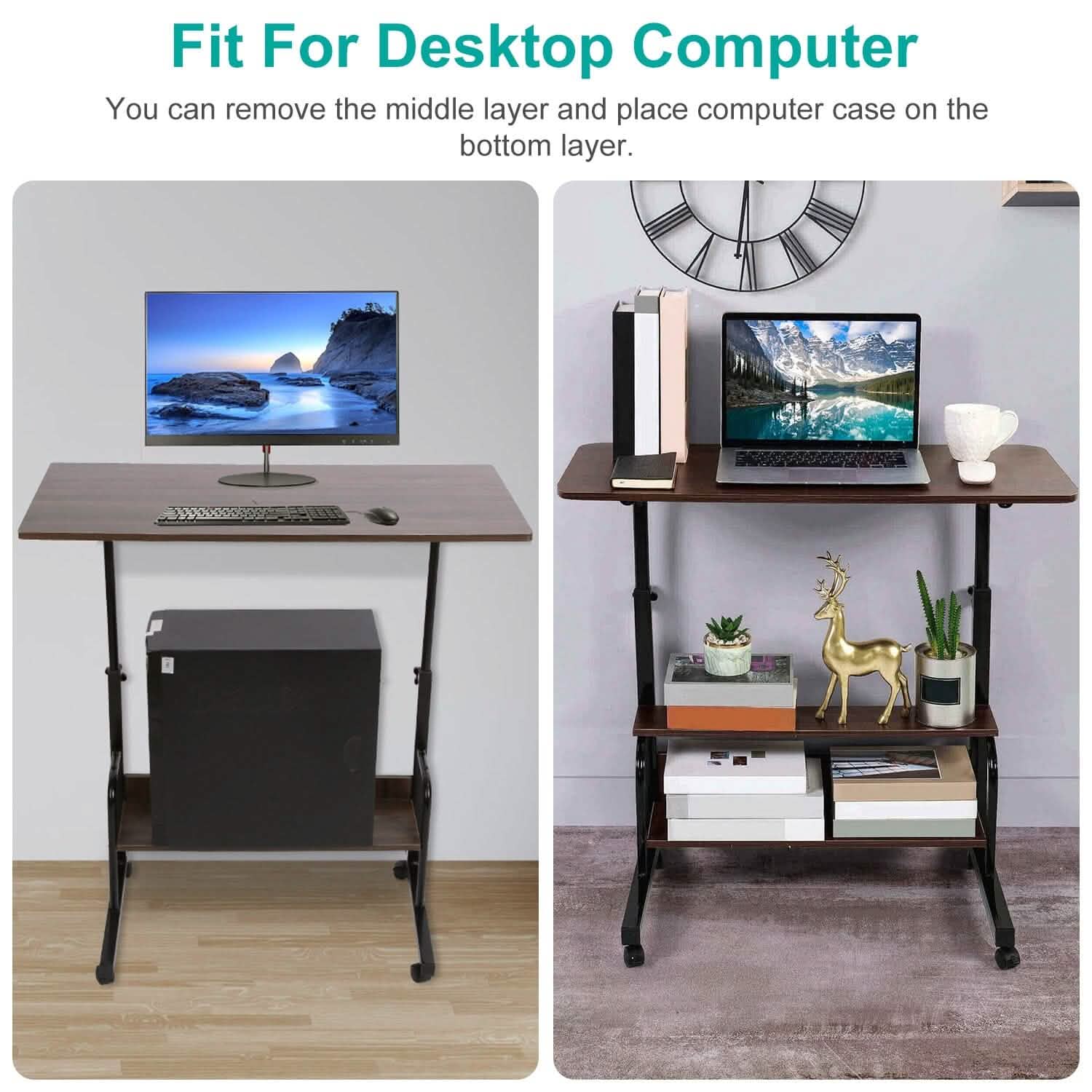 Bureau d'ordinateur portable à 3 niveaux réglable en hauteur avec roulettes