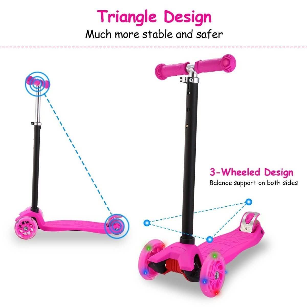 Trottinette 3 roues LED pour enfants, trottinette clignotante à hauteur réglable