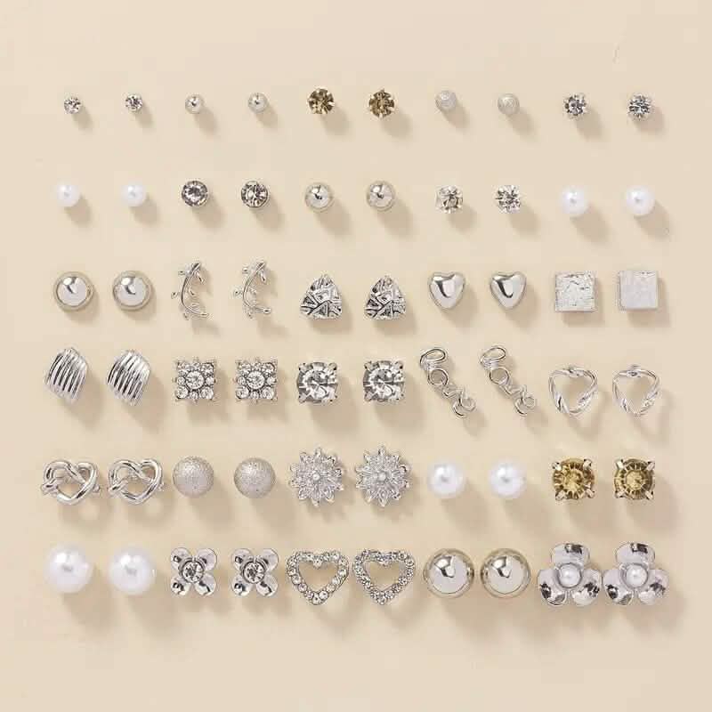 30 paires : boucles d'oreilles clous en alliage avec strass ronds, perles d'imitation et lettres