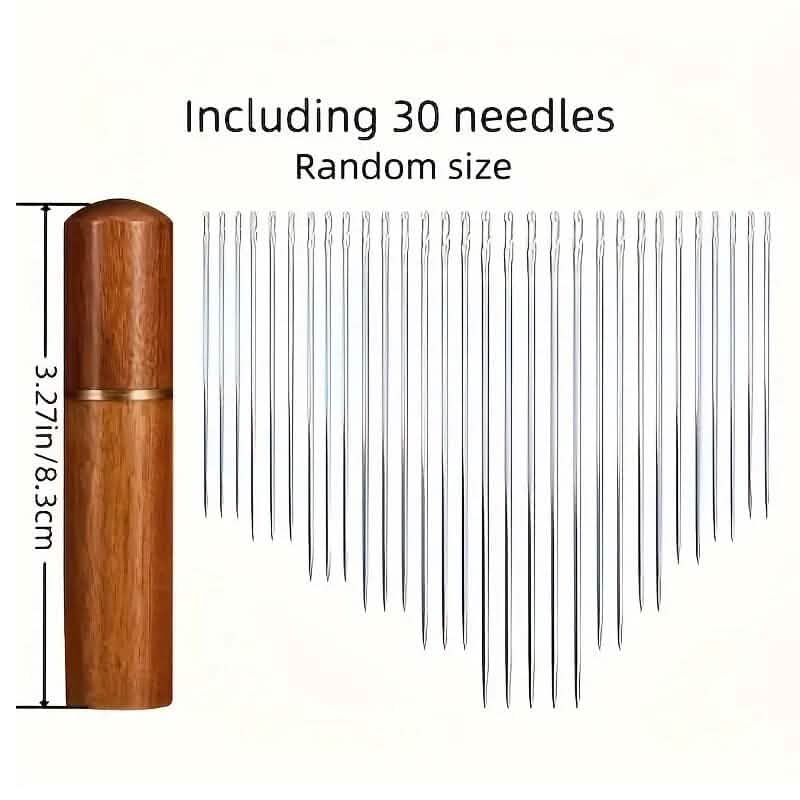 30 aiguilles autoenfileuses de tailles variées avec tube de rangement en bois