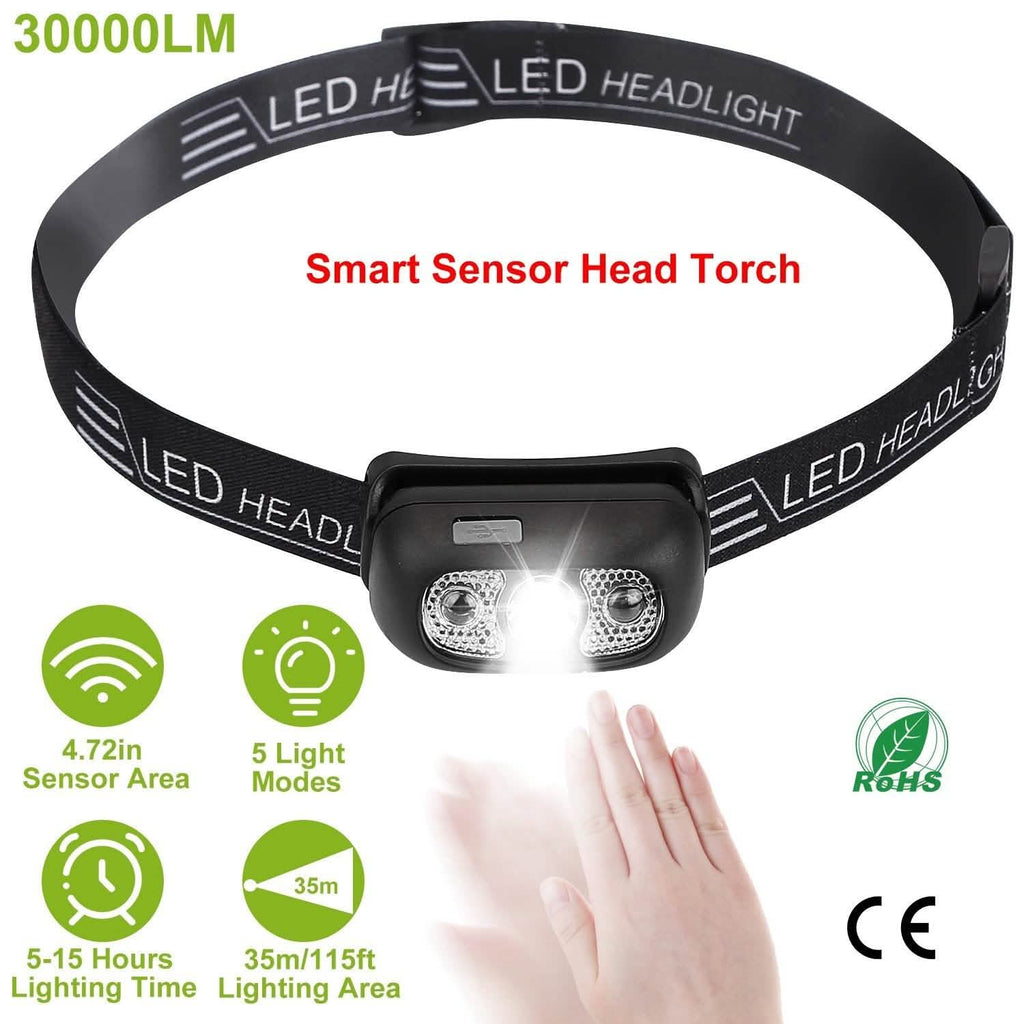 Lampes frontales rechargeables 30000LM avec détecteur de mouvement