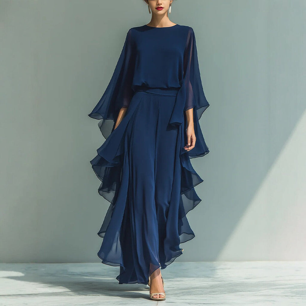 Ensemble Pantalon Large et Volants Bleu Profond – Tenue Élégante Deux Pièces à Manches Chauve-Souris pour Femme