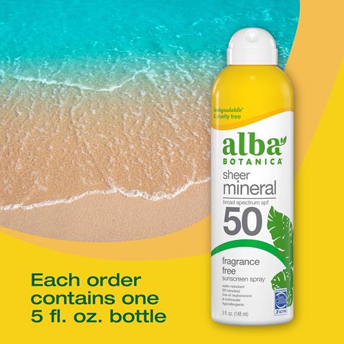 Alba Botanica Écran Solaire Minéral Transparent en Spray, FPS 50, Sans Parfum à Large Spectre, Résistant à l'Eau et Biodégradable, Flacon de 147 ml
