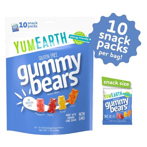 Oursons gommeux bio saveur fruitée Yumearth, 10 sachets-collations de 20 g, hypoallergéniques, sans gluten, sans OGM, sans arômes ni colorants artificiels, assortis