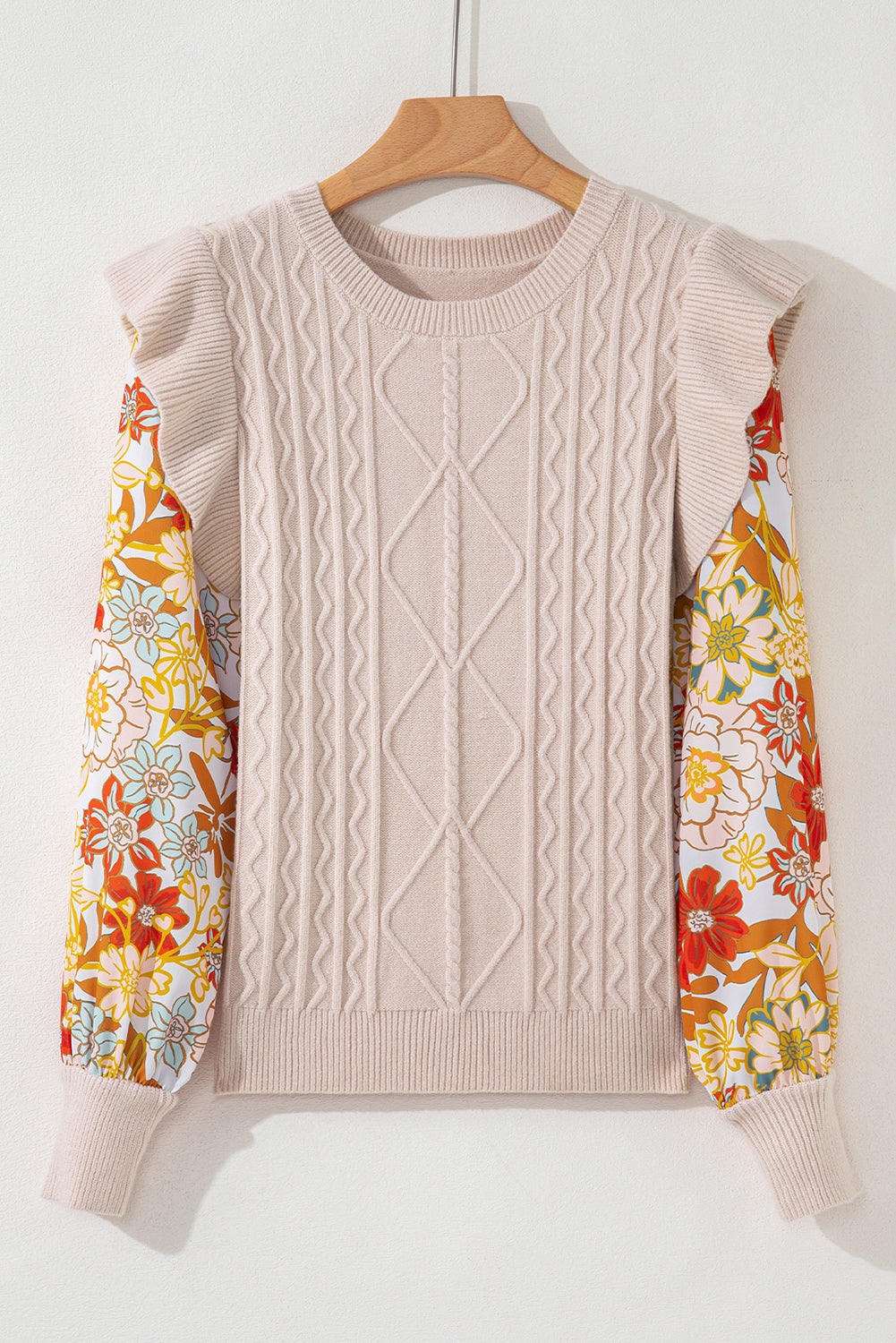Pull patchwork en tricot torsadé parchemin avec volants et manches fleuries contrastantes
