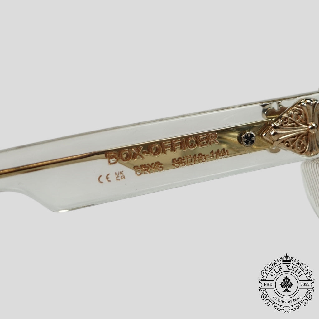 Lunettes Chrome Hearts Box Officer embellies de diamants, transparentes/dorées