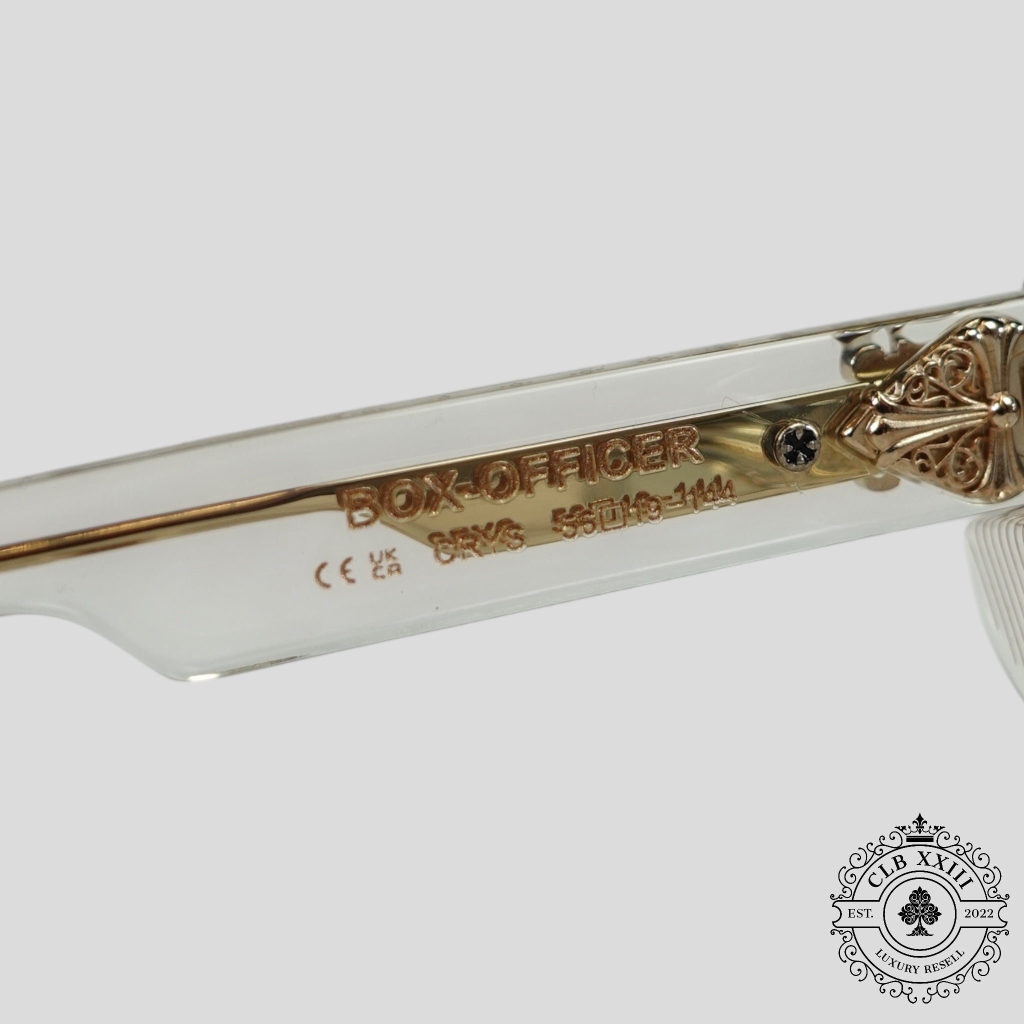 Lunettes Chrome Hearts Box Officer embellies de diamants, transparentes/dorées
