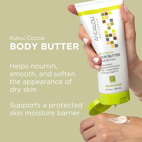 Andalou Naturals Beurre Corporel, Crème Corporelle Nourrissante Kukui Cacao, 227 g, Beurre de Karité, Beurre de Cacao & Huile d'Argan Pour Peaux Sèches, Végane