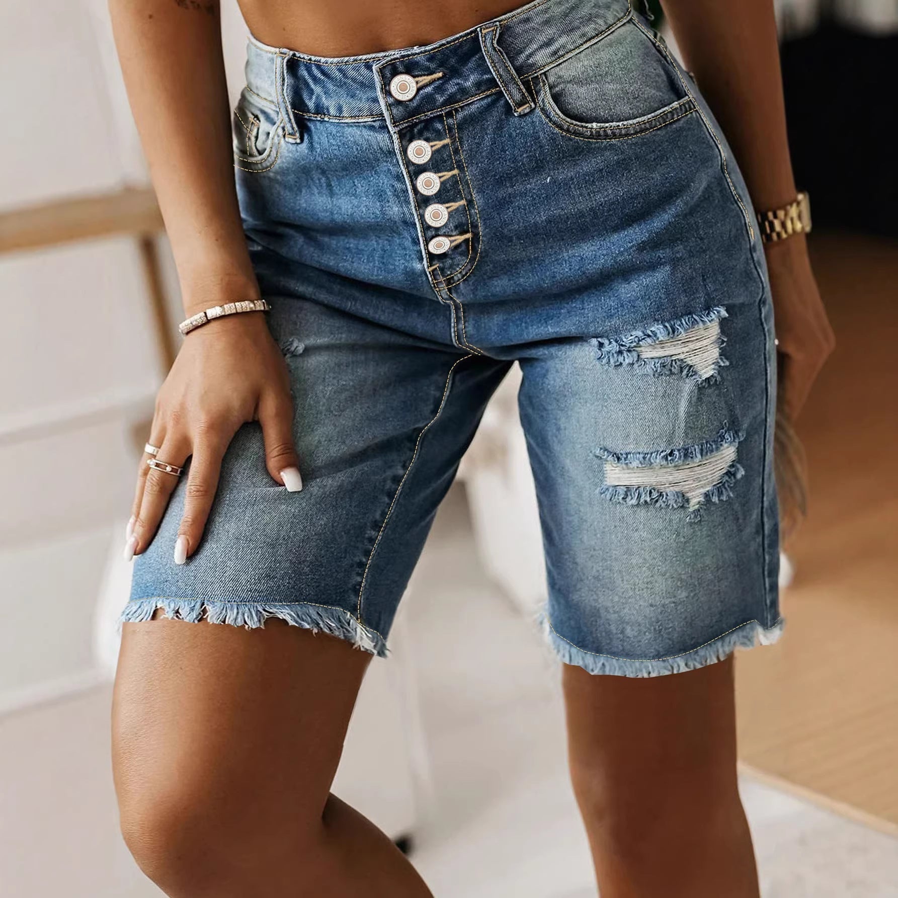 Short en jean en coton pour femme – Longueur mi-cuisse, ourlet effiloché, effet vieilli