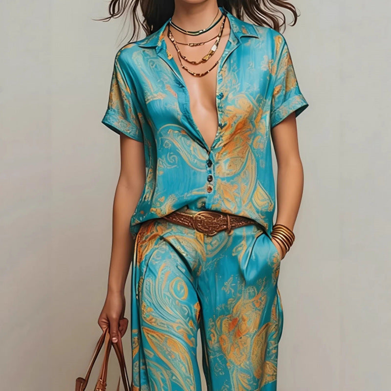 Ensemble deux pièces bohème imprimé pour femme – chemise et pantalon à manches 3/4