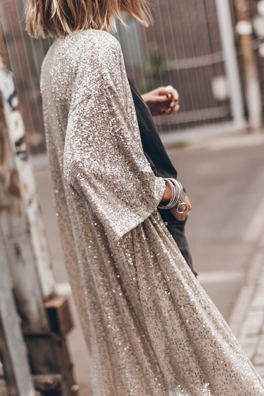 Cardigan long style duster à paillettes abricot et manches 3/4 - Femstylo