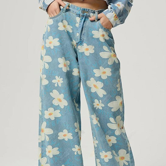 Jean droit vintage à imprimé floral pour femme