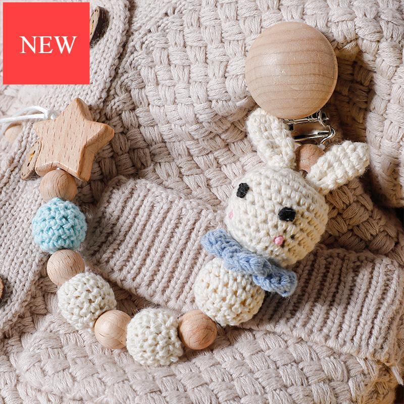 Chaîne de sucette moderne faite à la main, chaînes de dentition pour bébé, perles de panda en crochet, clips en bois, petite tige en bois pour enfants