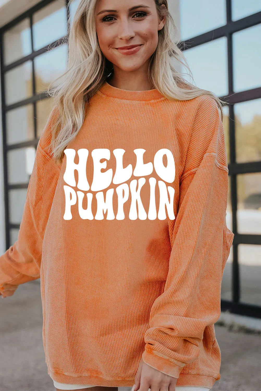 Sweat-shirt côtelé à motif lettre « HELLO PUMPKIN » orange