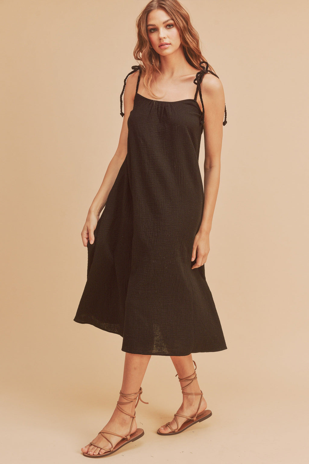 Nouvelle robe mi-longue d'été à bretelles tressées et poches pour femme – Tissu en gaze de coton doux, design chic et confortable pour toutes les occasions