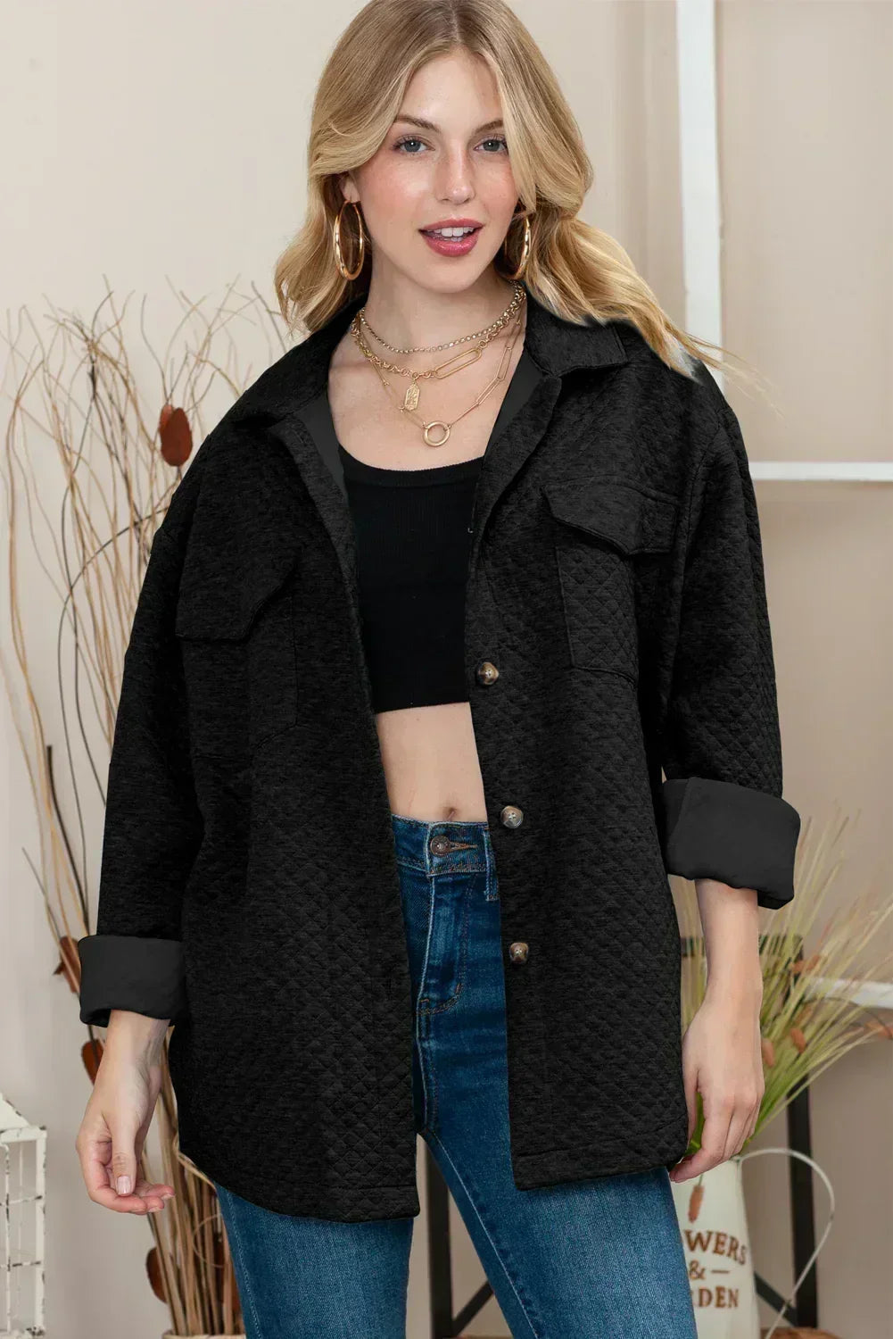 Veste chemise matelassée rétro texturée à losanges noirs – Femstylo