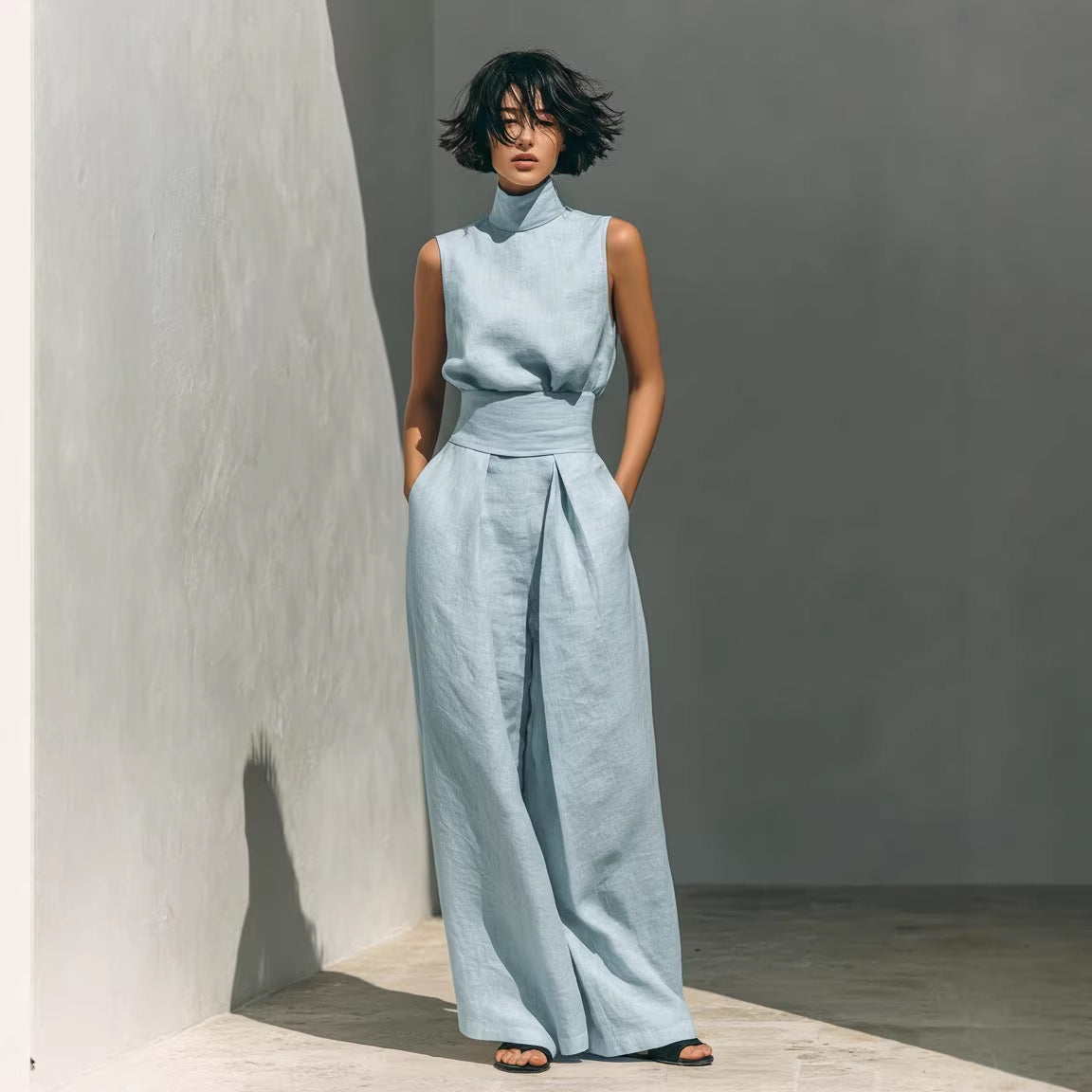 Ensemble deux pièces en coton et lin pour femme – Haut sans manches et pantalon large