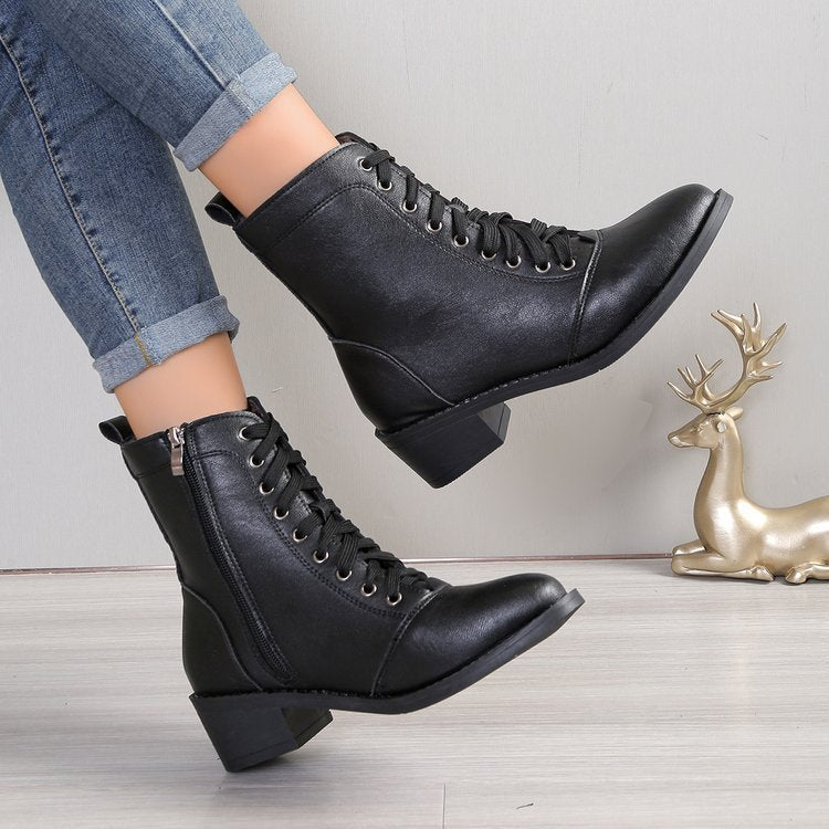 Bottes montantes en cuir zippées style britannique — Bottes de mode tendance pour femme